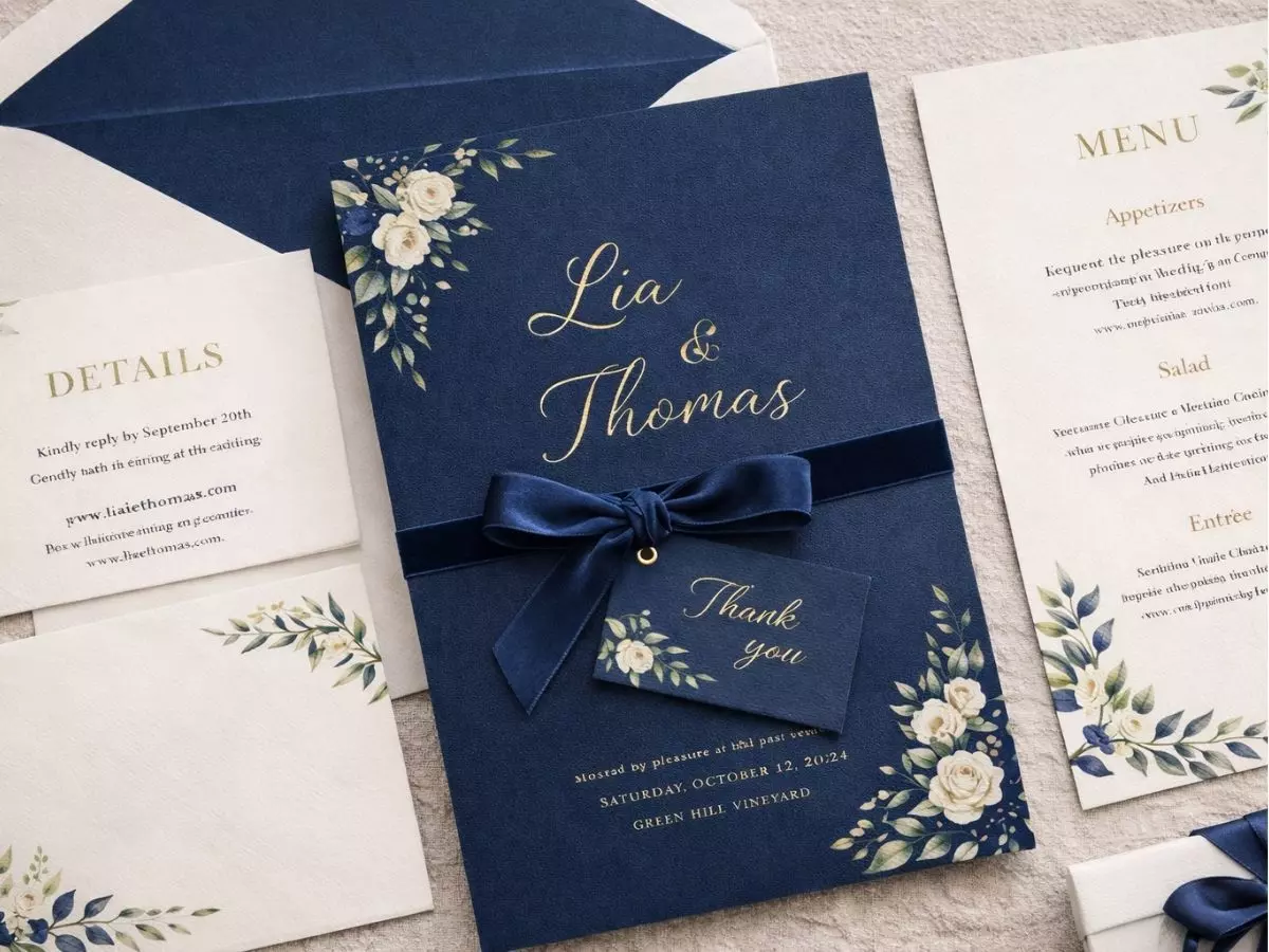 Conjunto de papelaria elegante com convite, menu e detalhes florais em tons profundos.