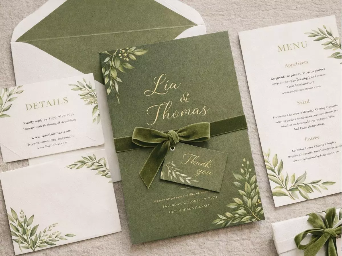 Conjunto de papelaria com convites, menus e cartões decorados com folhagens em tons naturais.