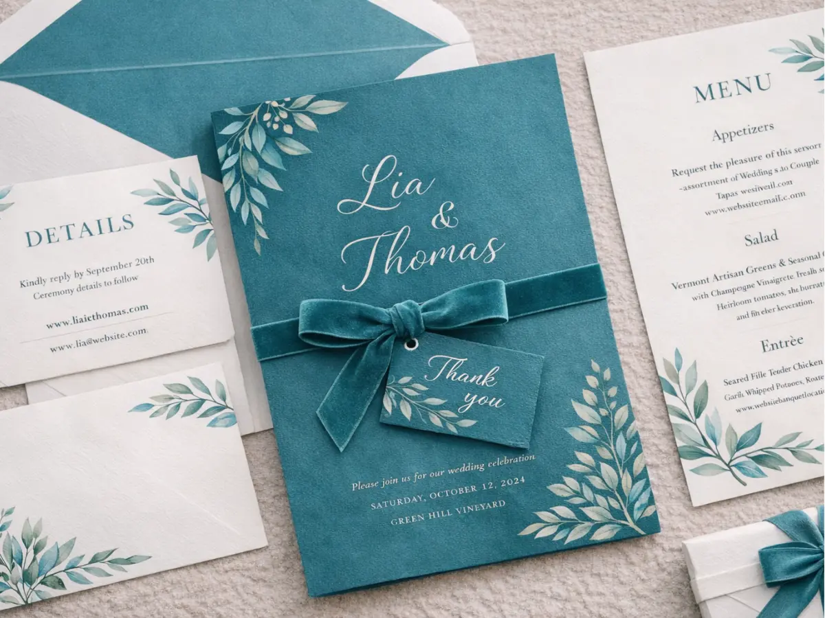 Convites e papelaria de casamento em tom teal com ilustrações botânicas e acabamento sofisticado.