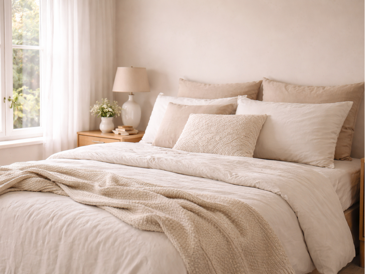 Quarto com cama arrumada, roupa de cama clara e iluminação natural.
