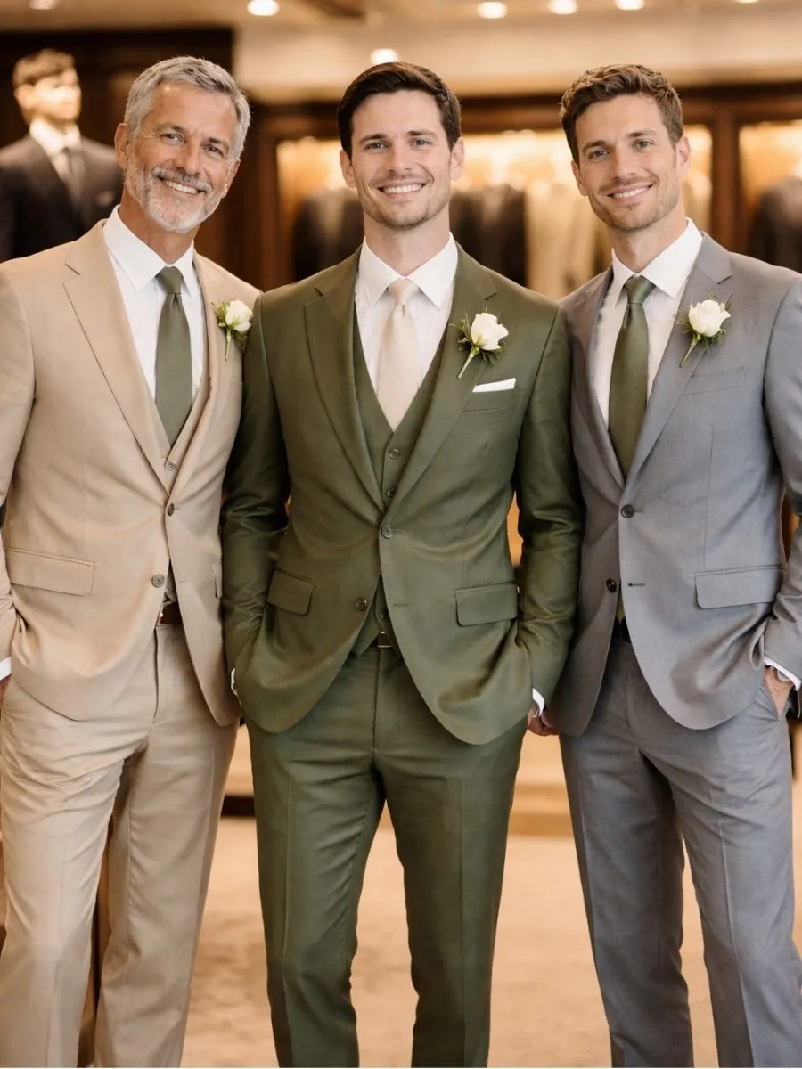 Três homens usando ternos em tons naturais com gravata verde e boutonnière clara.