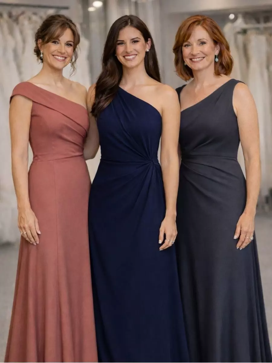 Três mulheres com vestidos longos de festa em cores elegantes.