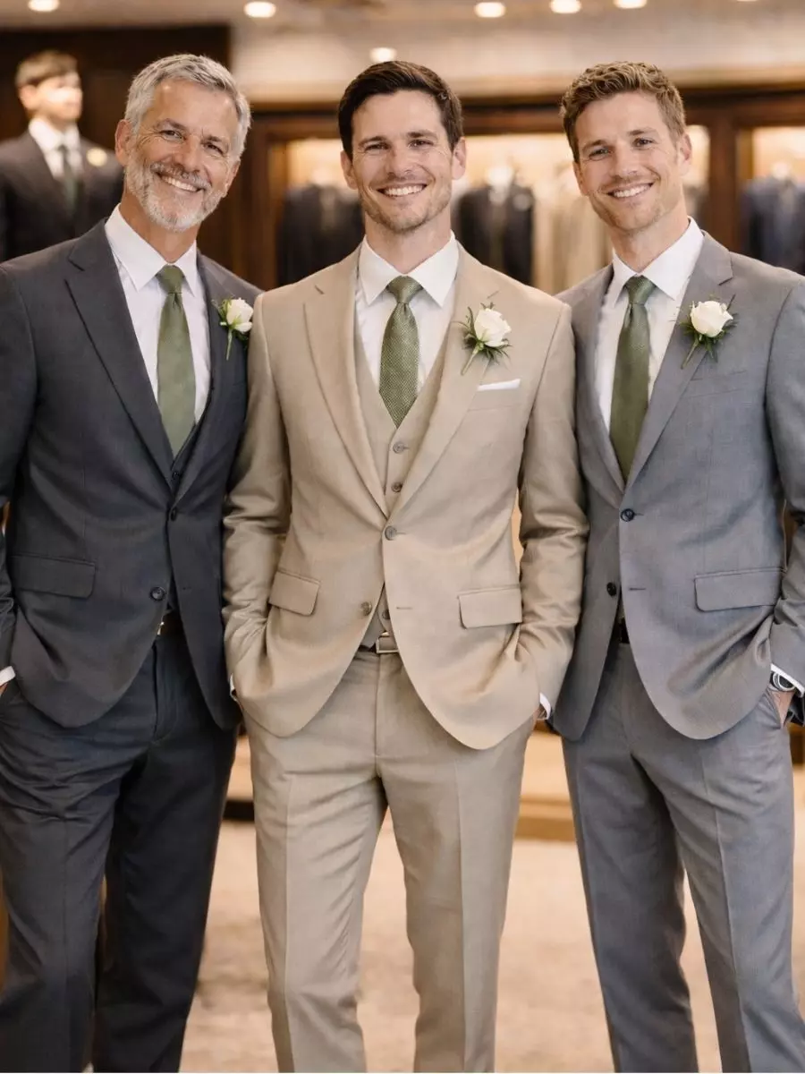 Três homens vestindo trajes sociais em tons naturais, com lapelas florais claras e gravatas em tom suave, em ambiente interno elegante.