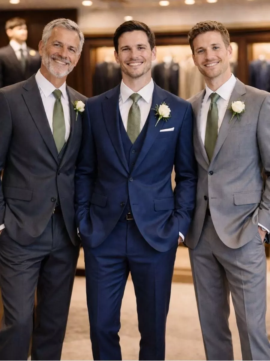 Homens usando ternos em tons azulados com gravatas verdes e flores claras.