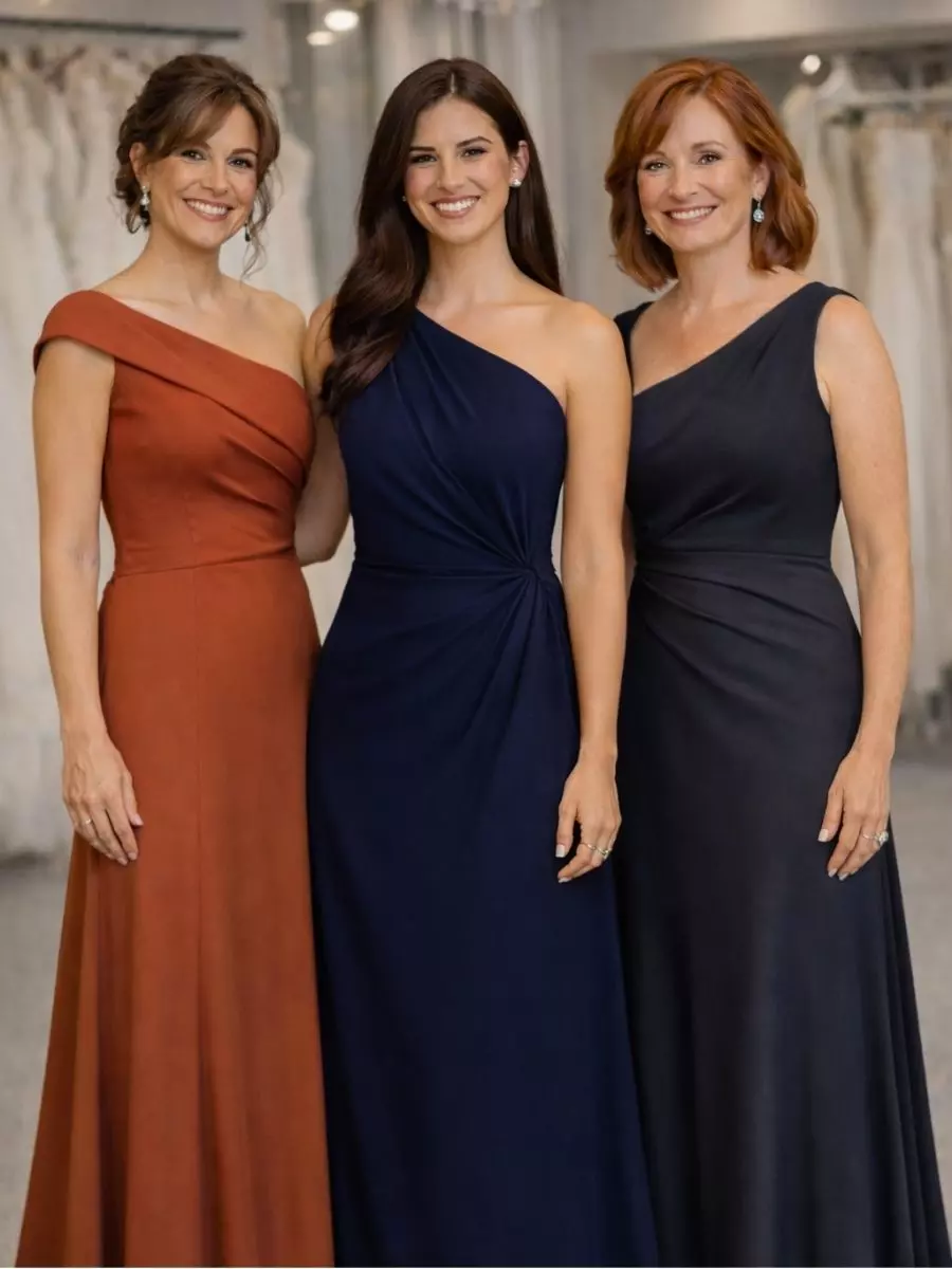 Três mulheres usando vestidos longos em tons sóbrios e elegantes.