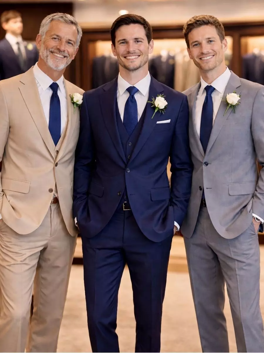 Três homens vestidos com ternos em tons de bege, azul-marinho e cinza, com boutonnières brancas, em ambiente interno elegante.