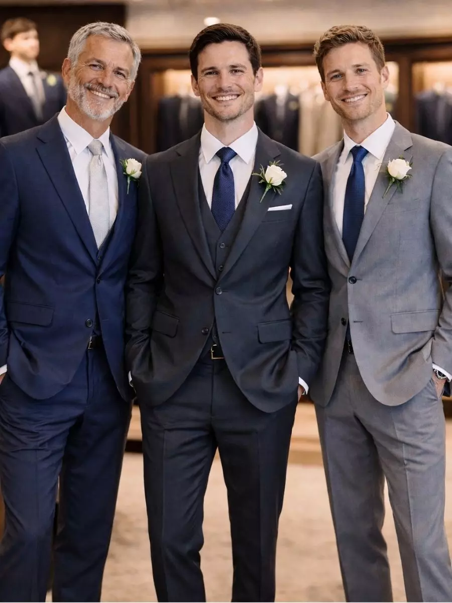 Homens usando ternos em azul escuro e cinza, com camisas claras e flores na lapela, posando em loja de trajes formais.