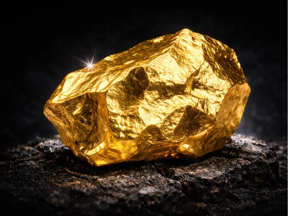 Pepita de ouro bruto iluminada simbolizando 50 anos de união