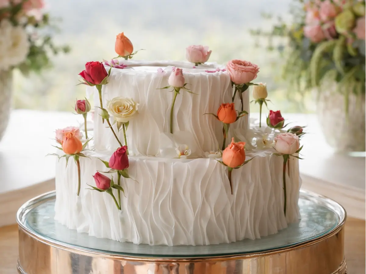 Bolo de casamento branco com textura delicada e flores em tons de rosa, pêssego e coral.