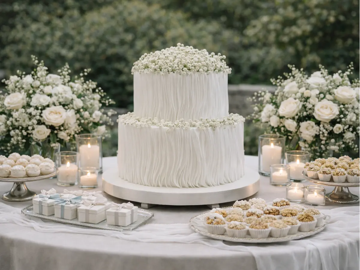 Bolo de casamento branco com textura vertical, decorado com flores delicadas e mesa repleta de doces finos.