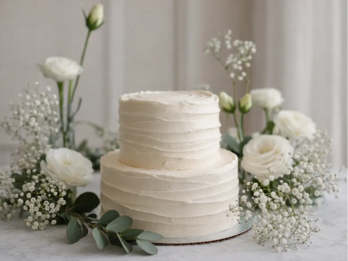 Bolo de casamento pequeno em tom off-white decorado com flores brancas e folhagens delicadas.