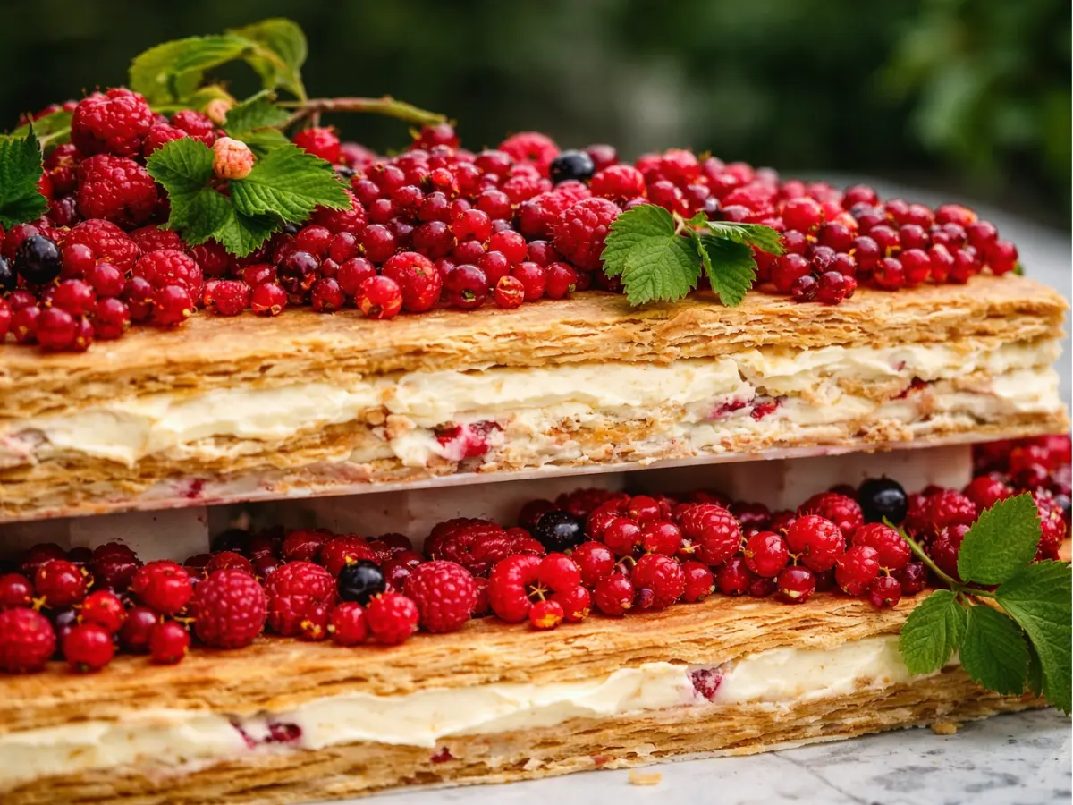 Bolo retangular folhado recheado com creme e coberto com frutas vermelhas frescas.