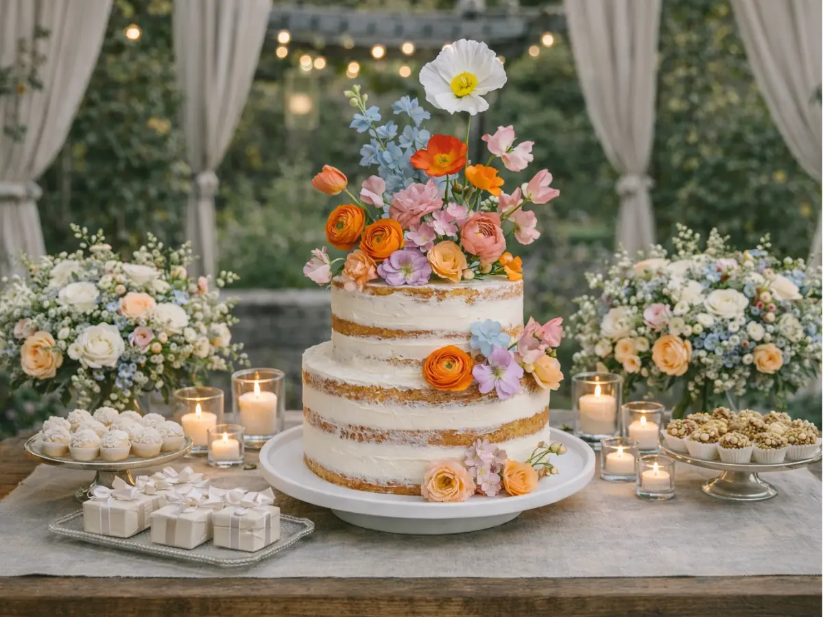 Bolo semi naked de casamento com flores coloridas em tons suaves e mesa decorada ao ar livre.