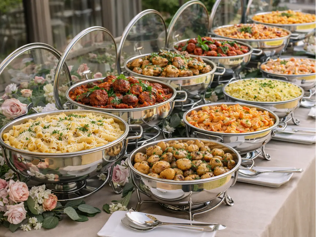 Mesa de buffet com pratos para casamento