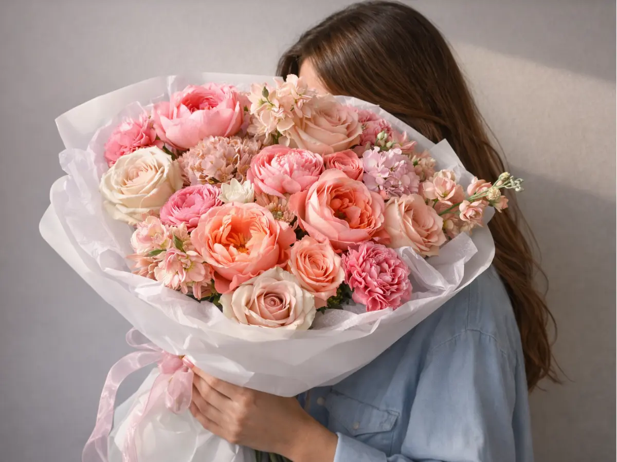 Pessoa segurando buquê em tons pêssego com rosas e cravos