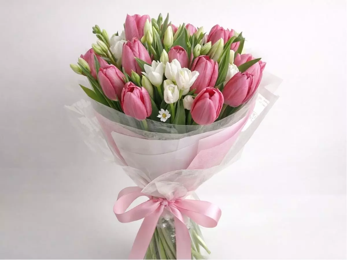 Buquê de tulipas rosas e brancas com laço delicado