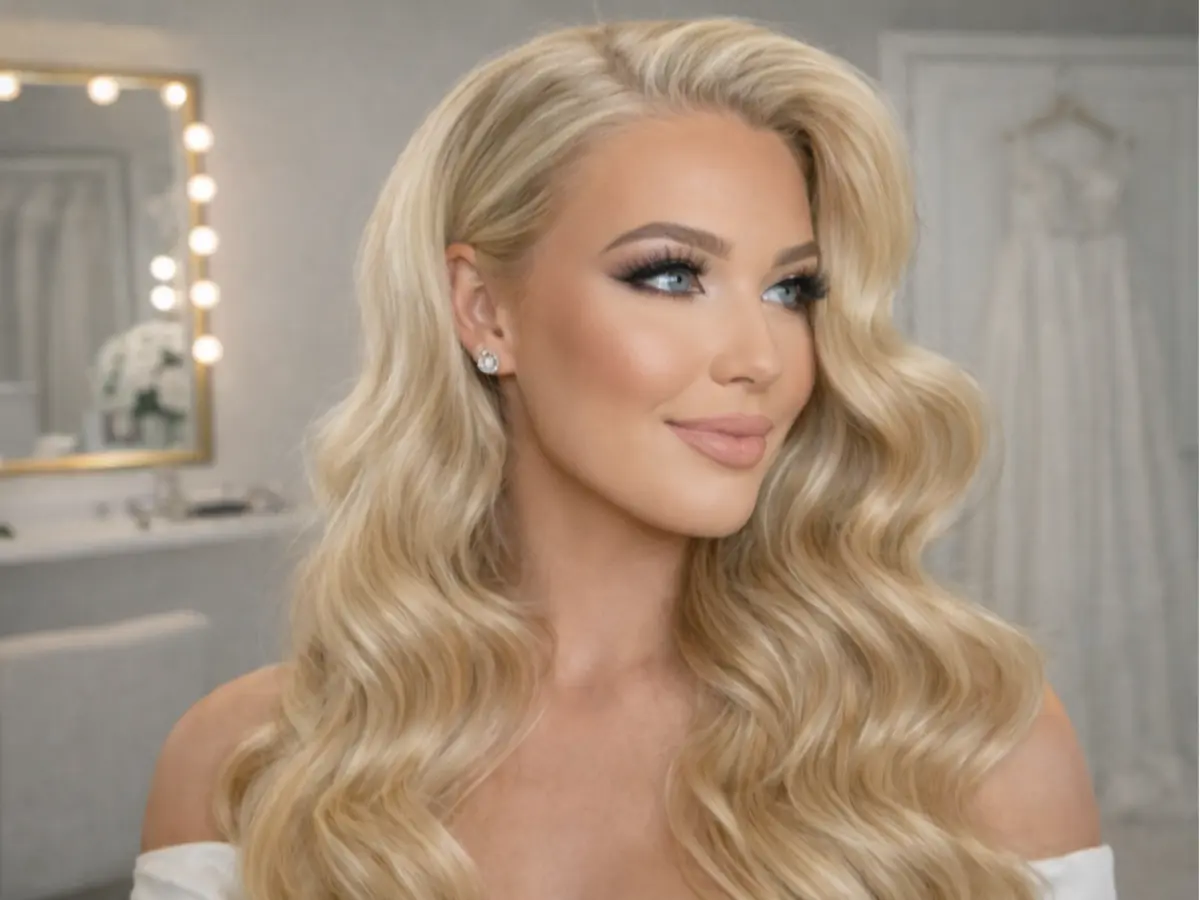 Madrinha com cabelo loiro solto em ondas largas e maquiagem iluminada em ambiente de camarim