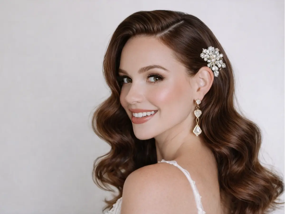 Cabelo solto ondulado de noiva com presilha lateral brilhante