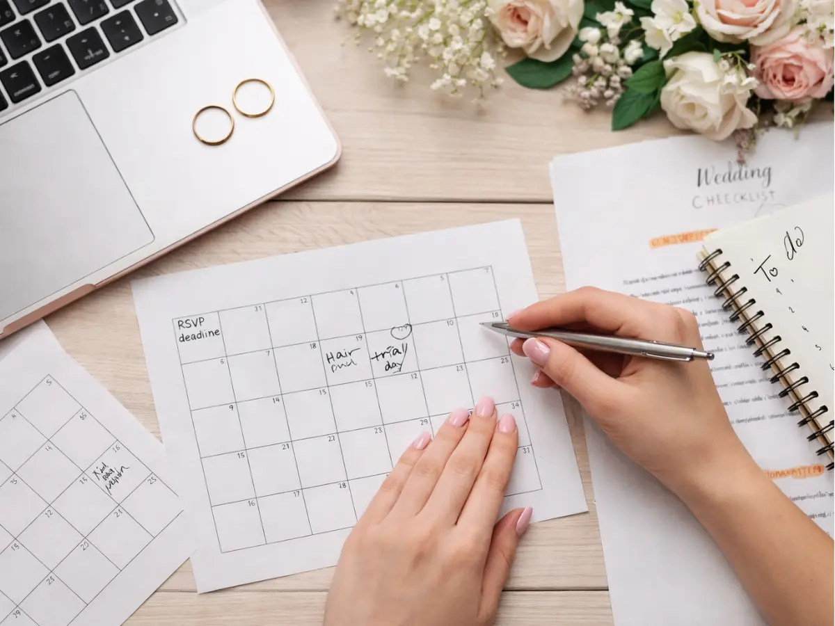 Calendário de casamento com datas e tarefas anotadas