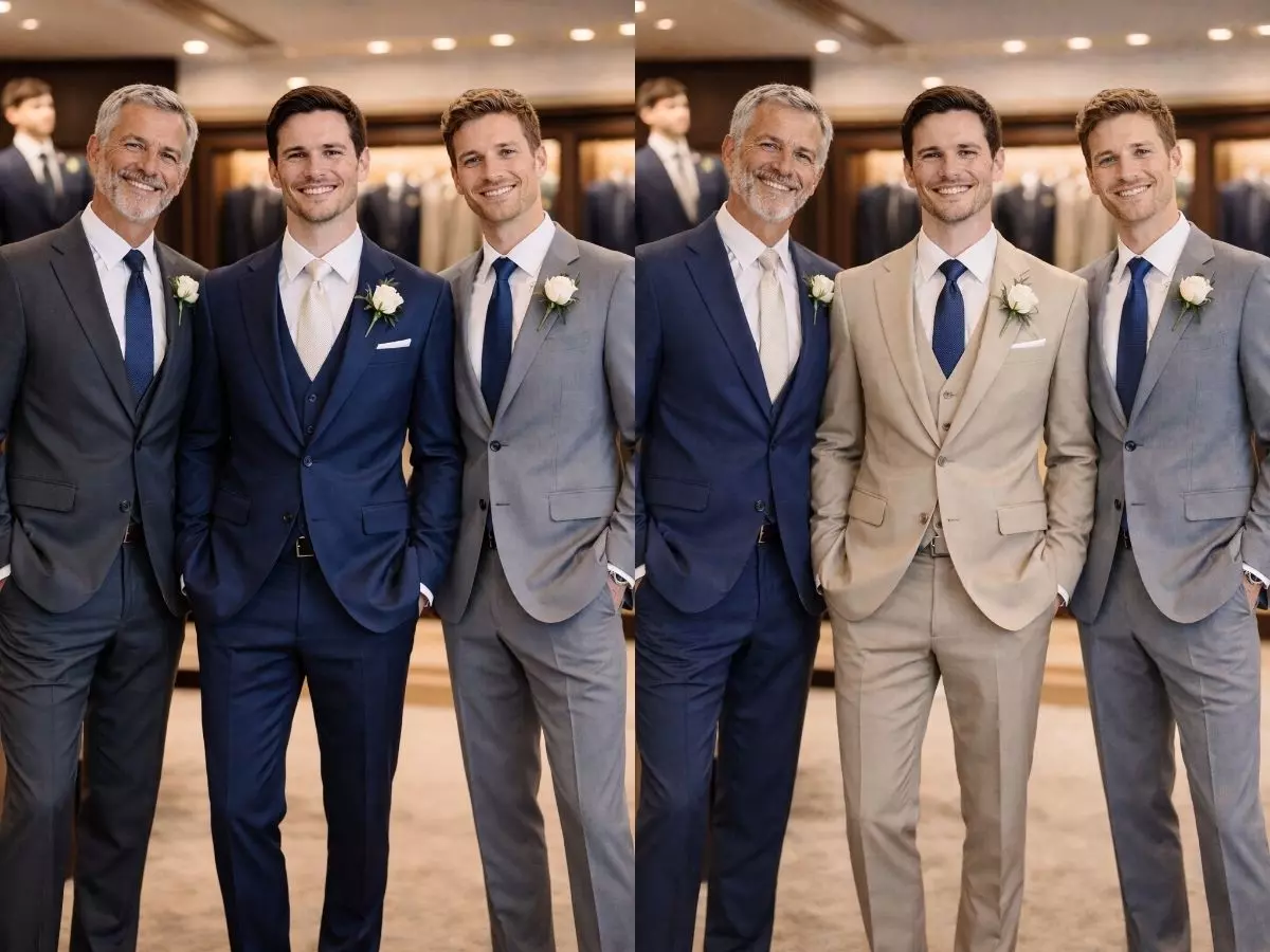 ternos champanhe e azul para noivo pai e padrinhos