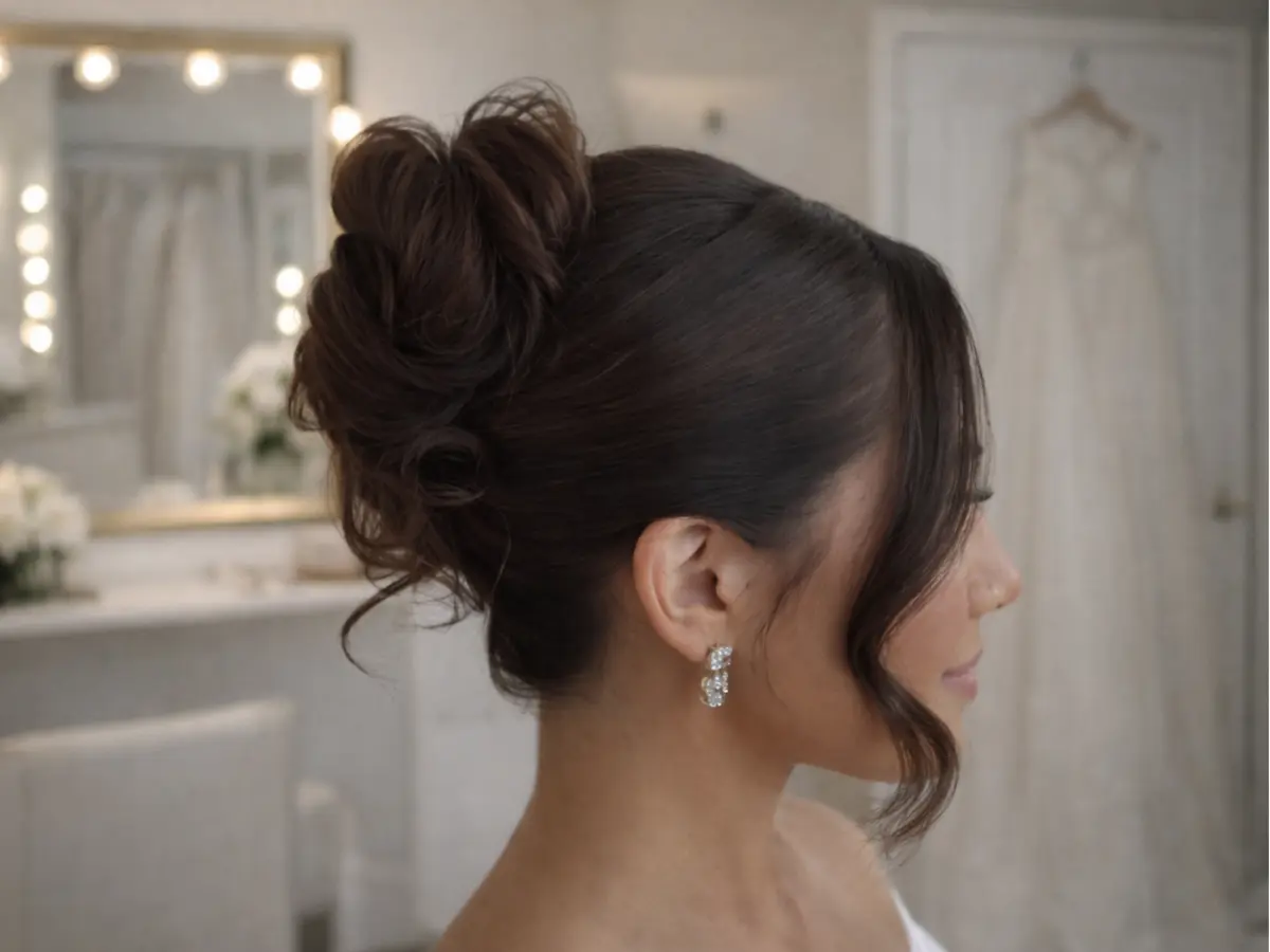 Coque alto de madrinha com acabamento clássico e mecha frontal solta em perfil lateral