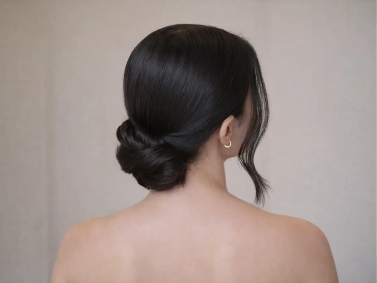 Coque baixo polido em cabelo preto, visto de trás, com acabamento minimalista