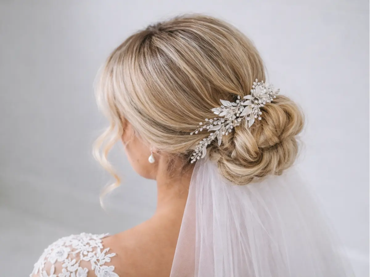 Coque baixo de noiva com acessório floral delicado e véu transparente visto de perfil