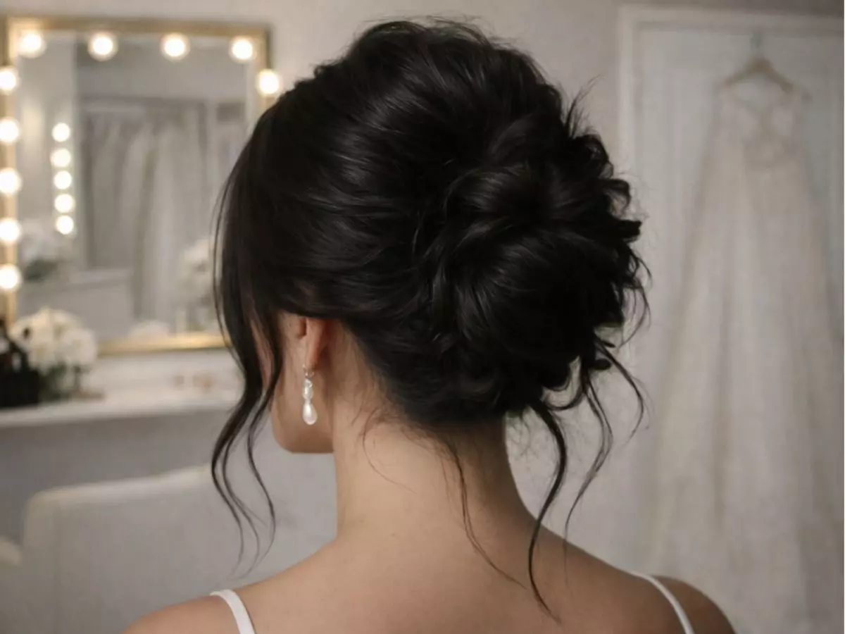 Coque despojado de noiva em cabelo escuro com fios soltos