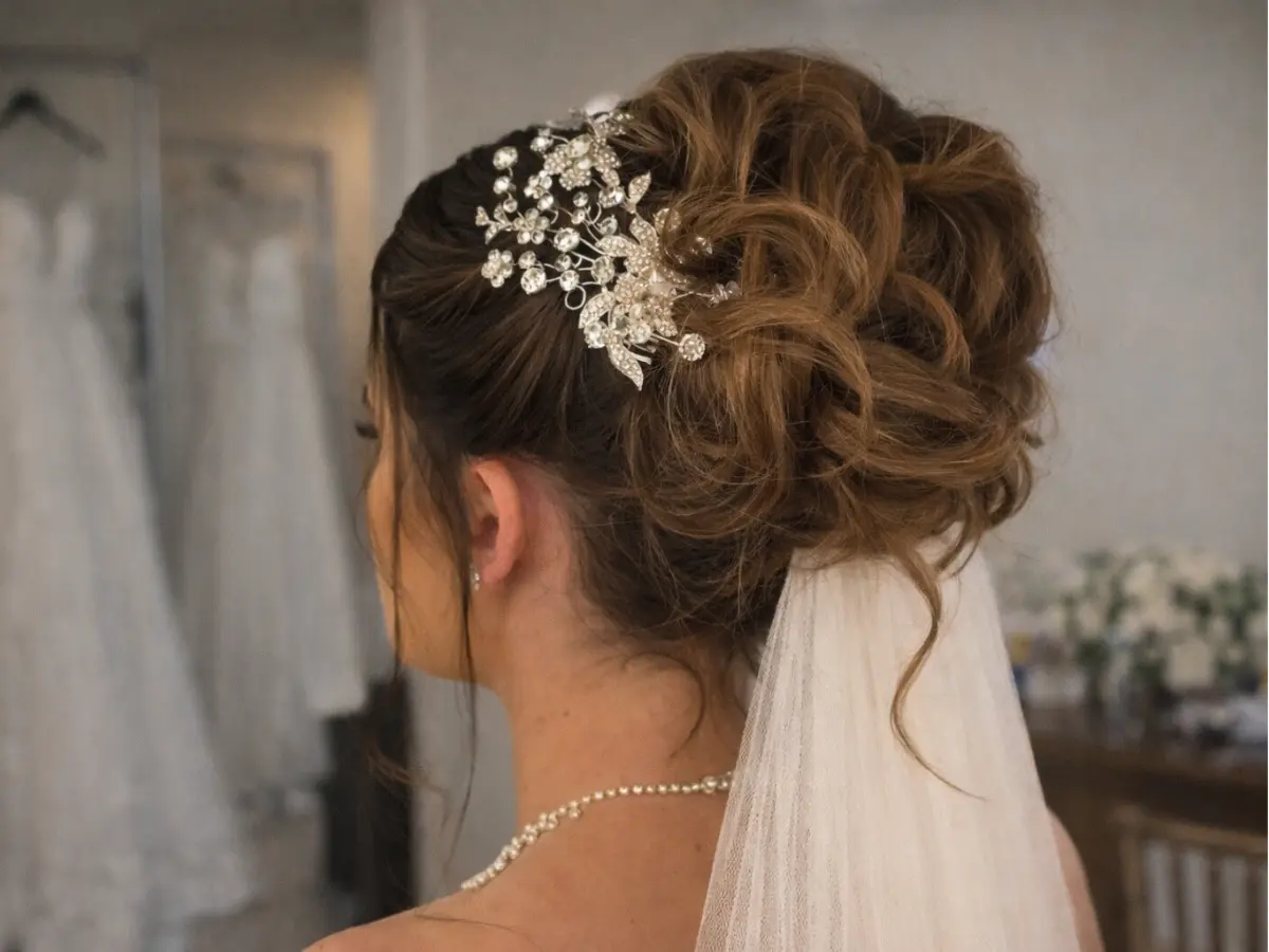 Coque alto de noiva ruiva com fios soltos e acabamento leve