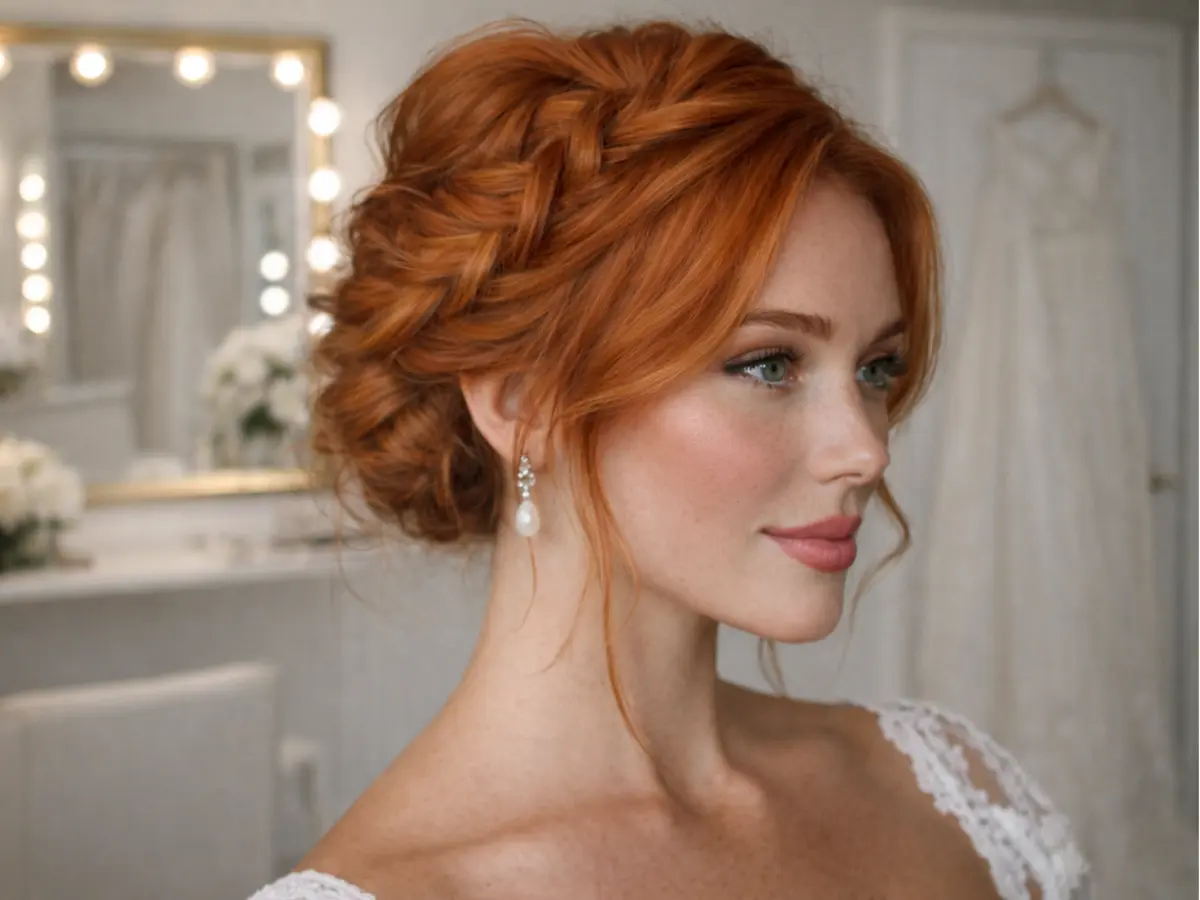 Madrinha ruiva com coque estruturado e trança lateral delicada no penteado