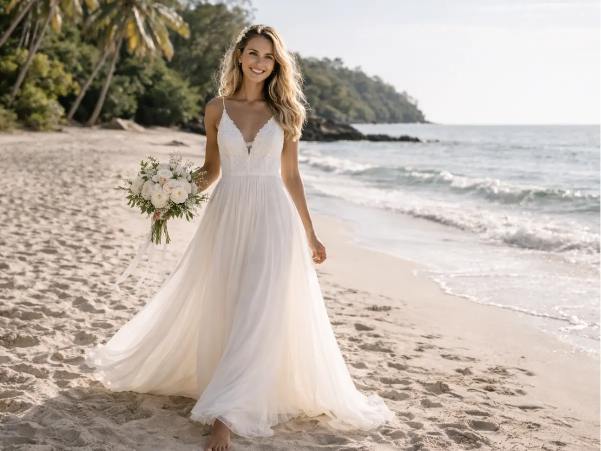 Vestido de noiva para praia com renda delicada e tecido leve