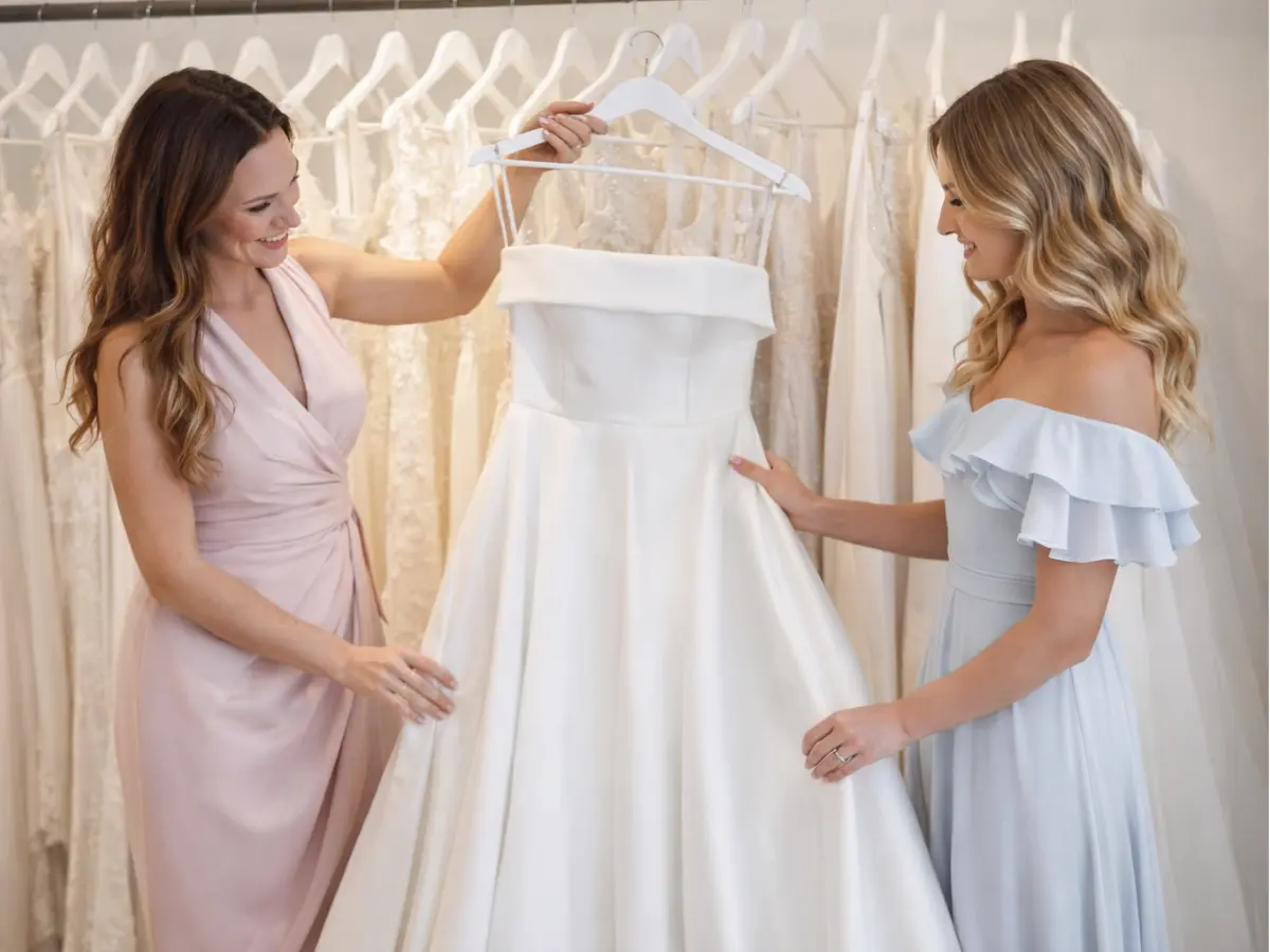 Noiva escolhendo vestido de noiva com ajuda de amigas em uma loja especializada