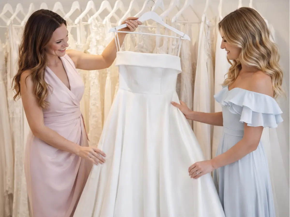 Noiva escolhendo vestido em loja de casamento