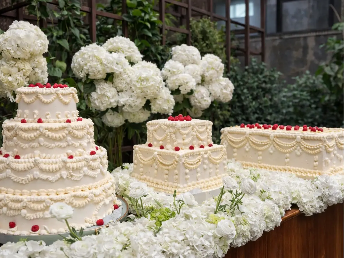 Mesa com bolos de casamento em formatos redondo, quadrado e retangular.