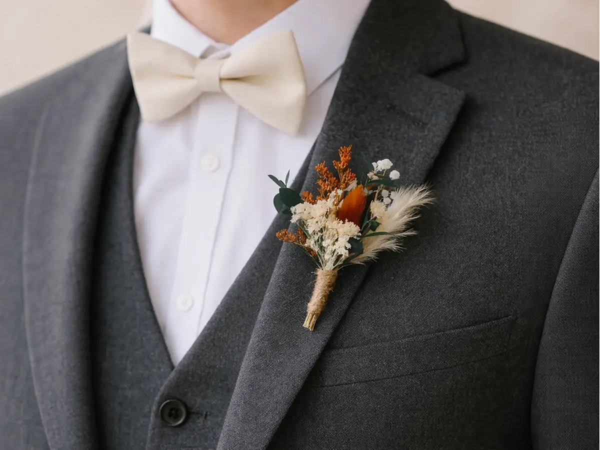 Lapela de flores secas em terno cinza com gravata clara