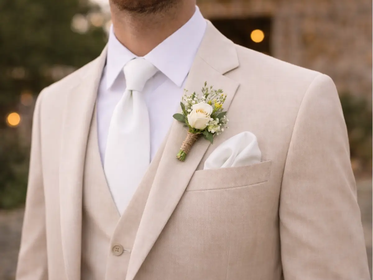 Noivo usando lapela floral clara em terno bege com gravata branca