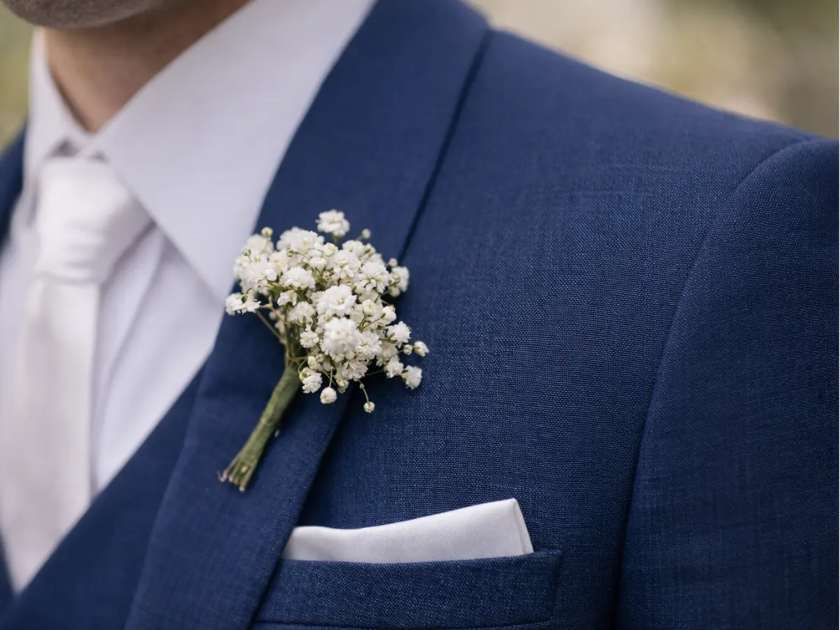 Lapela de mosquitinho em terno azul com camisa branca
