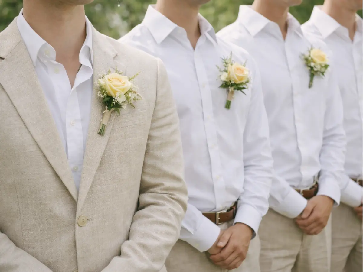 Lapela de noivo com folhagens verdes e pequenas frutas decorativas