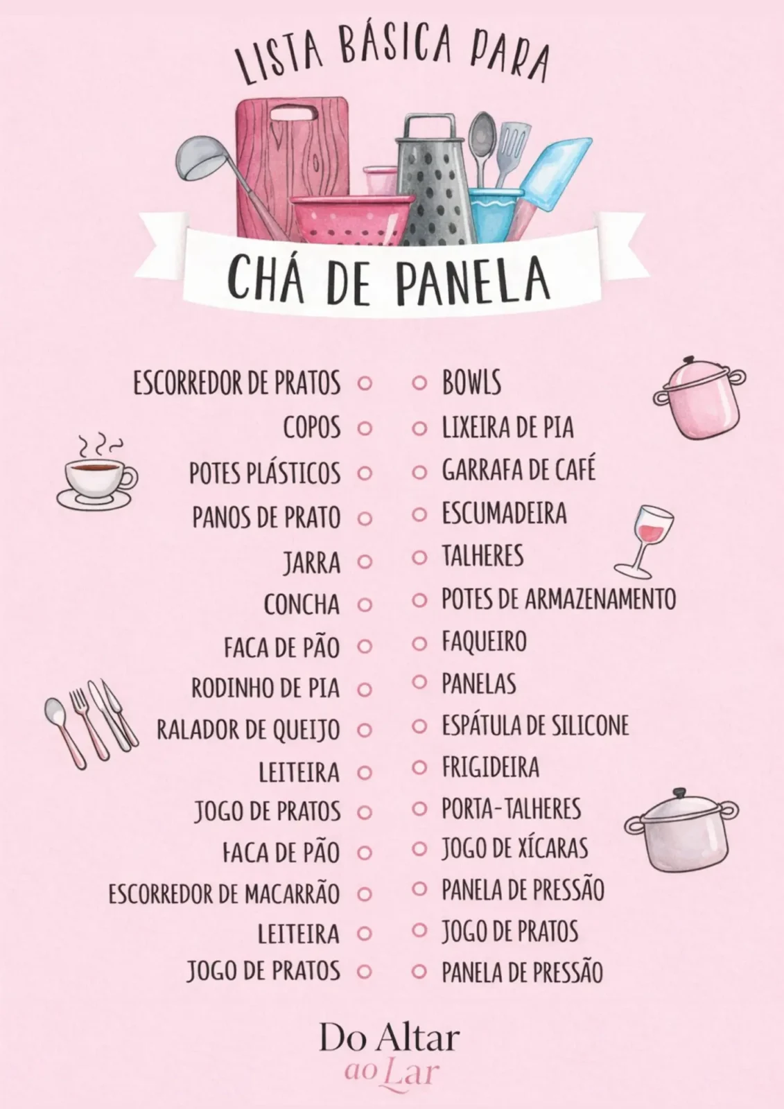 Lista básica ilustrada com itens essenciais para chá de casa nova, incluindo utensílios de cozinha e organização doméstica.