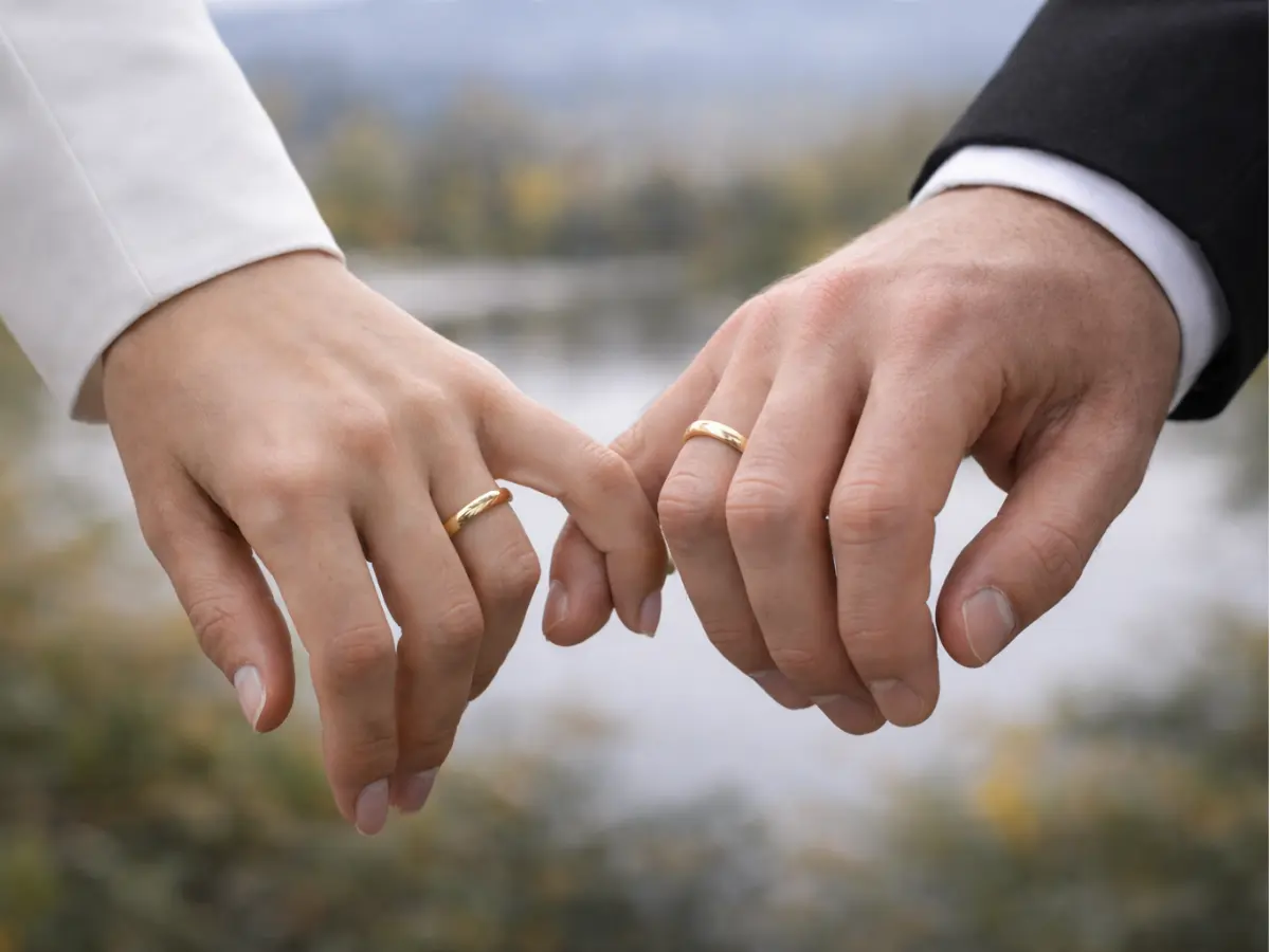 Mãos de um casal usando alianças de casamento em um gesto delicado ao ar livre.