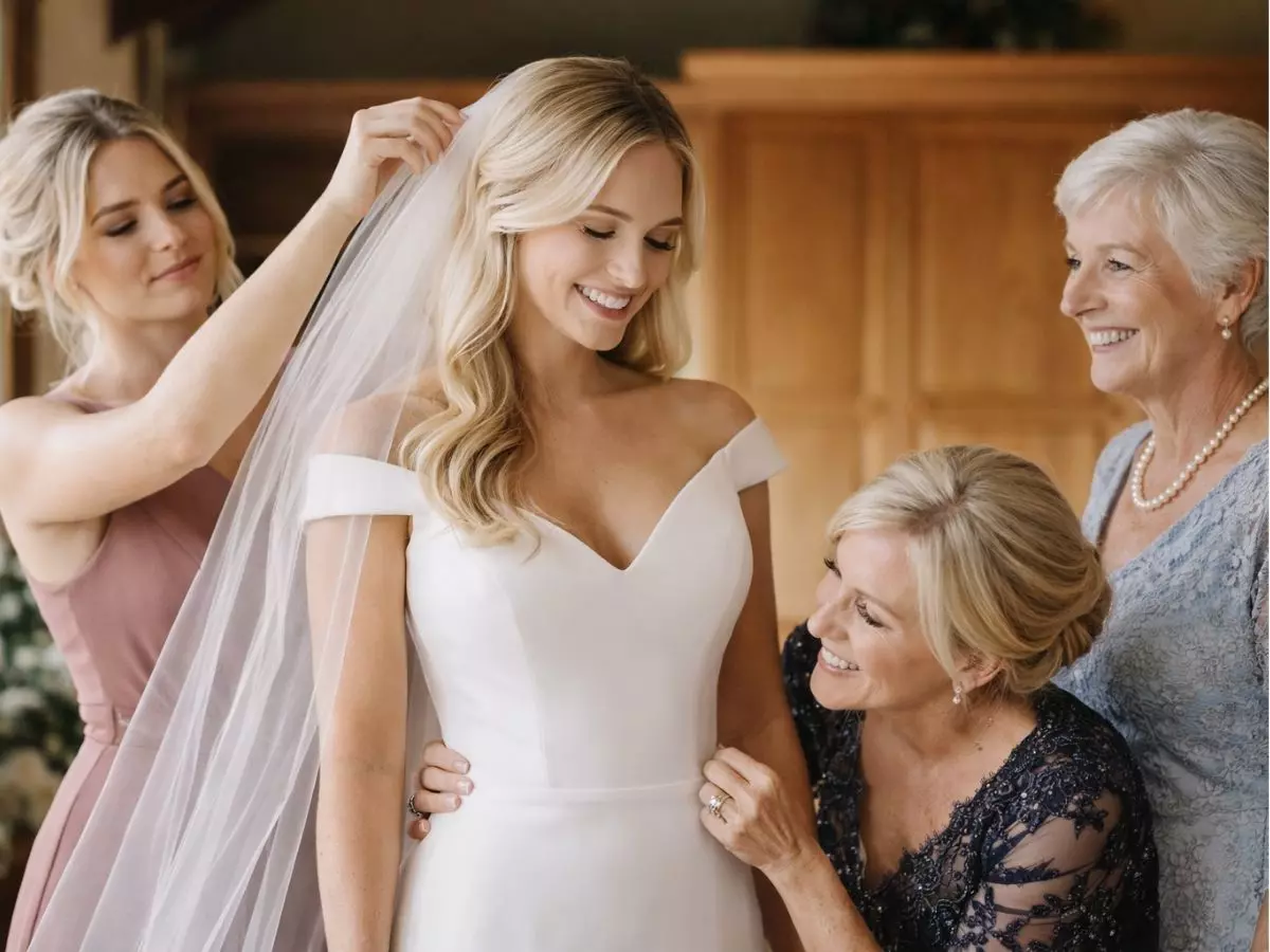 Noiva com mães e madrinha ajudando a ajustar o vestido de casamento