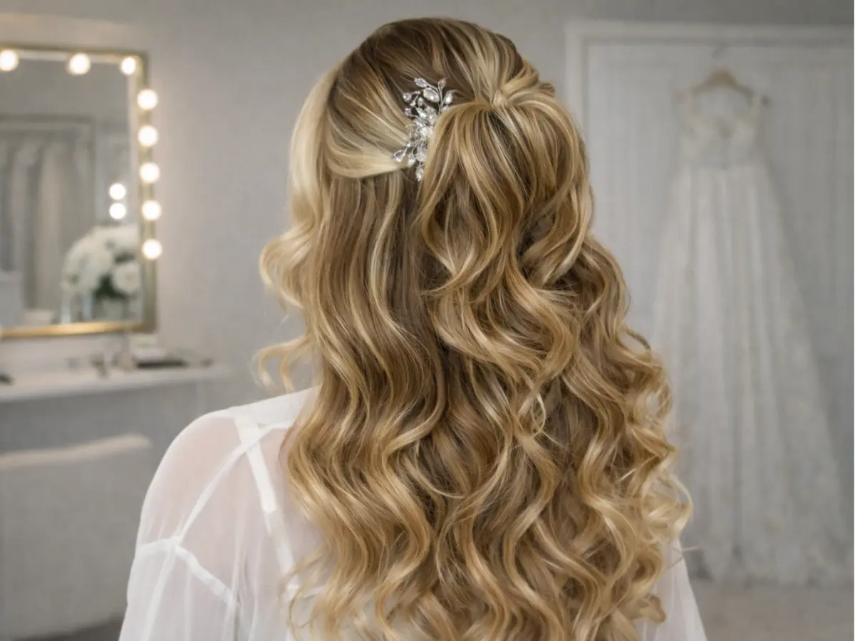 Cabelo loiro ondulado meio preso com acessório delicado, fotografado por trás em cenário de casamento