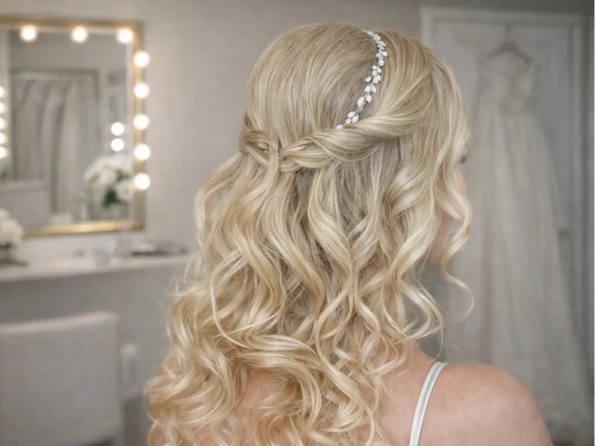 Penteado de madrinha meio preso com ondas suaves e tiara no cabelo loiro