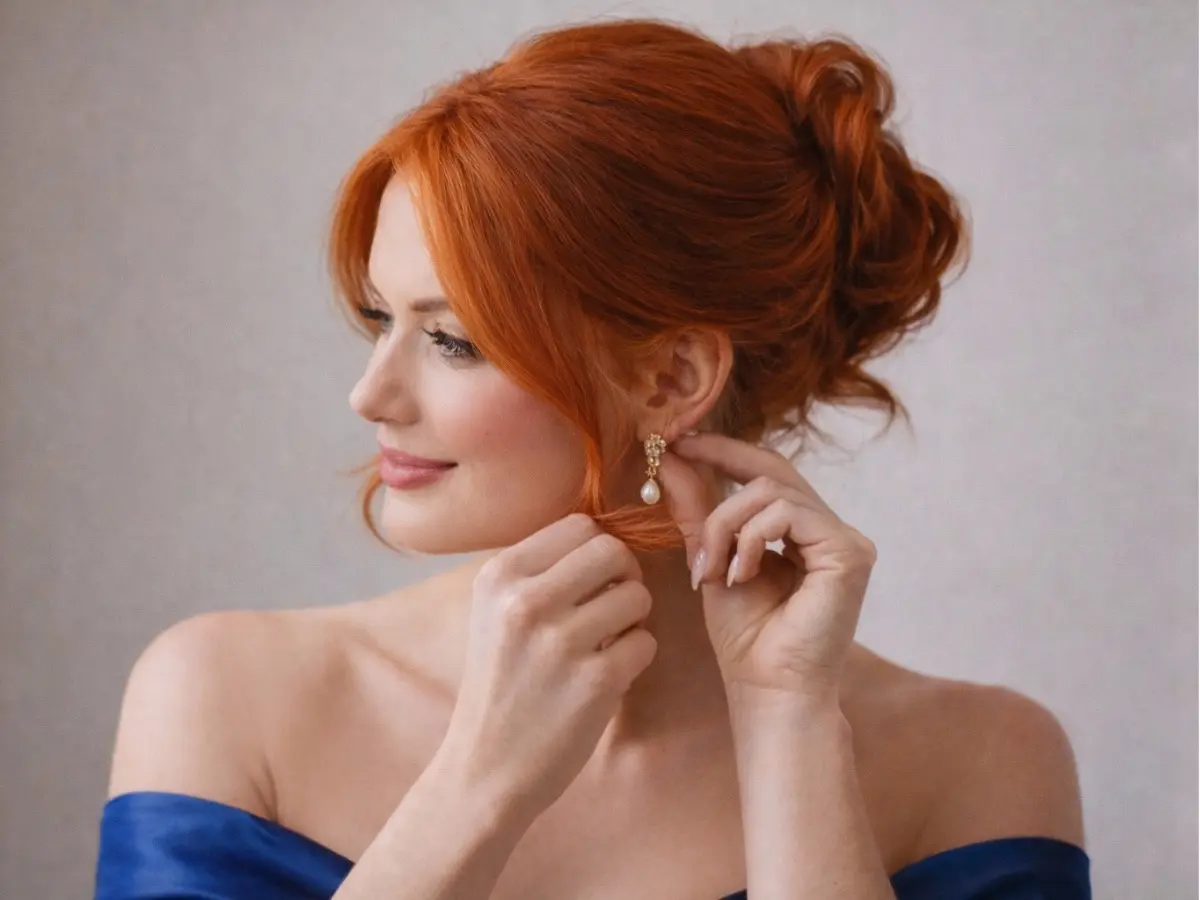 Penteado de madrinha ruiva com coque baixo clássico e fios soltos emoldurando o rosto