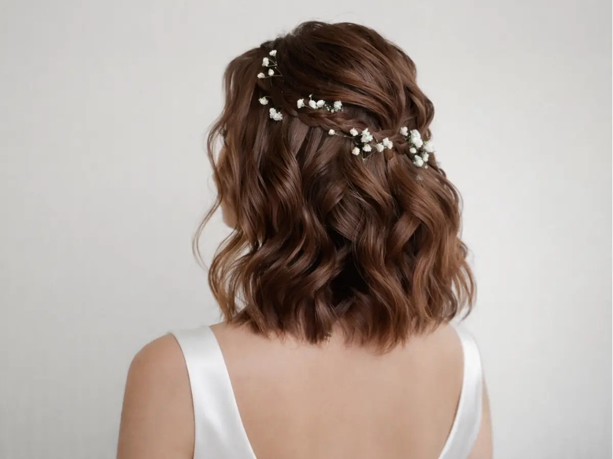 Noiva de costas com cabelo castanho solto e pequenas flores brancas presas ao penteado