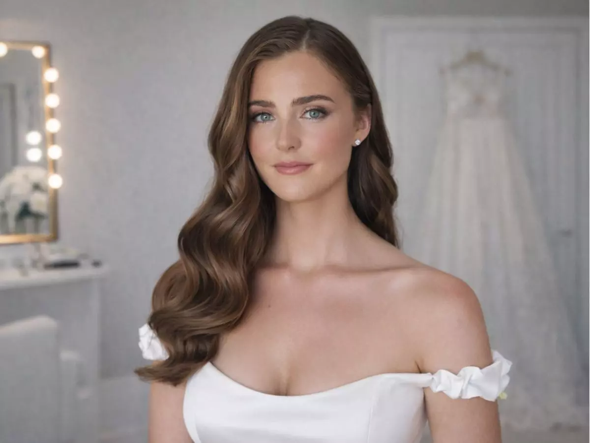 Noiva com cabelo solto liso em ondas largas e acabamento polido