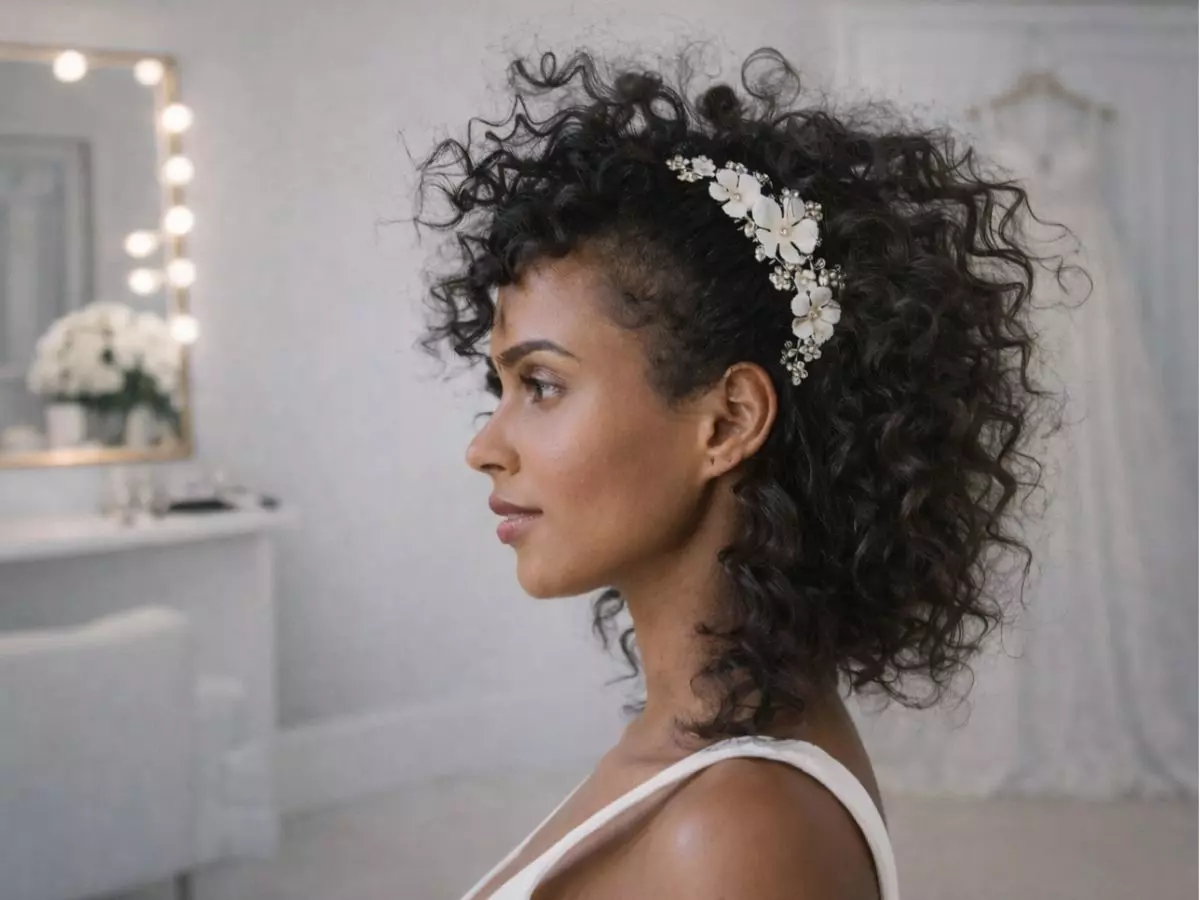 Penteado de noiva com cabelo crespo curto e acessório floral lateral