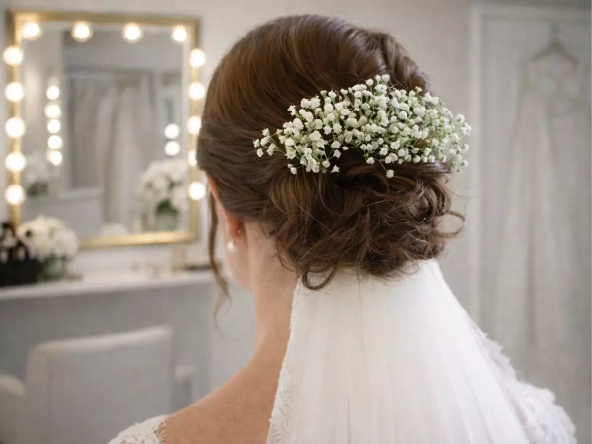 Coque baixo de noiva com acabamento natural e flores brancas delicadas aplicadas no cabelo