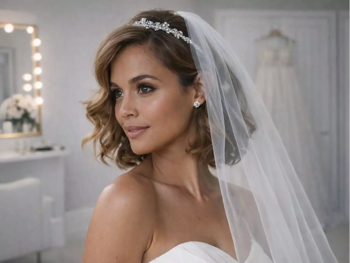Noiva com cabelo curto ondulado usando tiara brilhante e véu leve