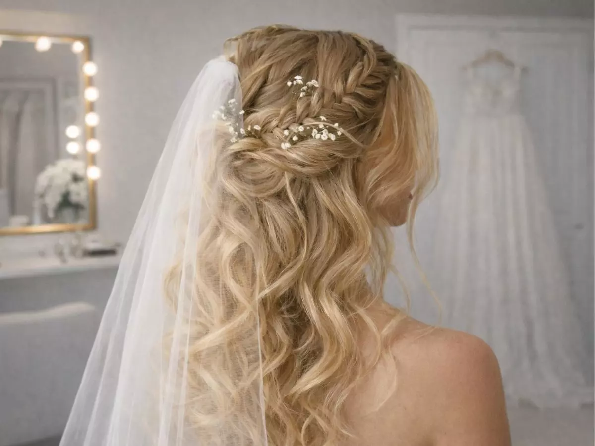 Penteado de noiva meio preso com trança delicada e véu leve